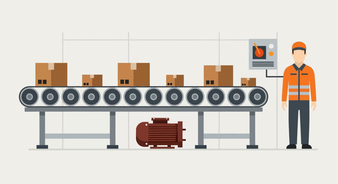 Factory worker overseeing automated production line with conveyor belt and cardboard boxes