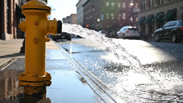 Yellow fire hydrant gushing water on a city street. Powerful stream of water splashing on wet asphalt. Urban infrastructure and utility maintenance concept