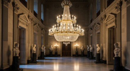 Obraz premium Grand ornate crystal chandelier illuminating a vast opulent hall with classical statues and architectural details