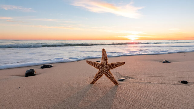 A serene beach scene at sunset with a large brown starfish in the foreground, positioned on golden sand.