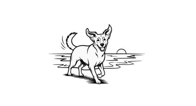 A happy dog with big ears runs along a wavy shoreline at sunset