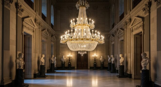 Grand ornate crystal chandelier illuminating a vast opulent hall with classical statues and architectural details