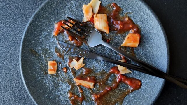 A dirty plate after a meal with leftover pasta and tomato sauce, clutter, cleaning, household chores. An empty dirty plate as a background for your design