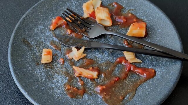 A dirty plate after a meal with leftover pasta and tomato sauce, clutter, cleaning, household chores. An empty dirty plate as a background for your design