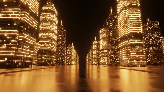 Stylized illuminated skyscrapers at night ideal for sleek commercial backgrounds and title sequences