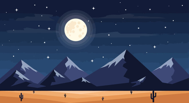 Desert Mountain Landscape Under Full Moon and Stars.