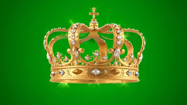 Golden Crown Radiance: A resplendent golden crown, adorned with shimmering jewels and a delicate cross, radiates regality against a vibrant green backdrop.