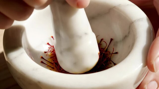 Close up of grinding red saffron threads in a marble mortar. Hand using a pestle to crush spices for cooking. Culinary preparation concept