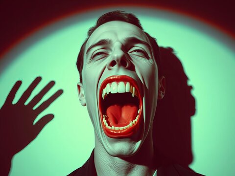 Surreal collage figure's head replaced by a crimson, screaming maw with a flashing tongue ,  artistic,  devil horns
