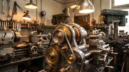 Fototapeta premium Machinery operates in an industrial workshop with equipment and lamps