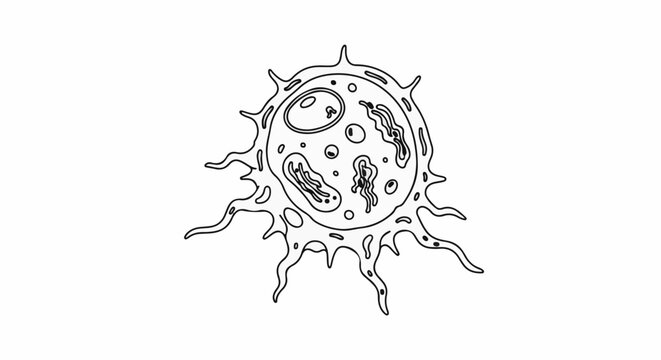 Stylized amoeba with spiky protrusions, showcasing internal organelles