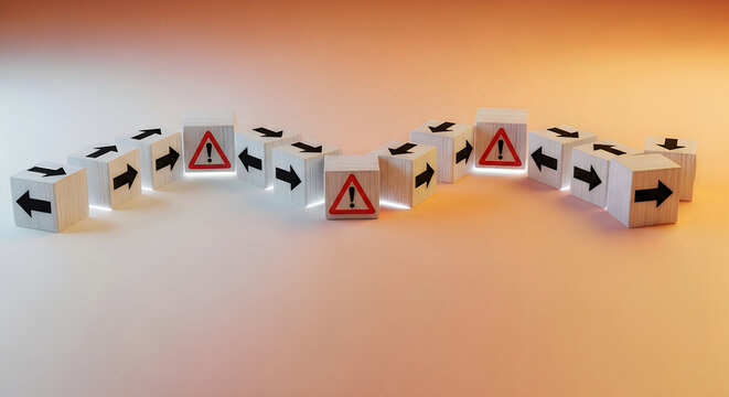 Dominoes with arrows and warning signs on a gradient background