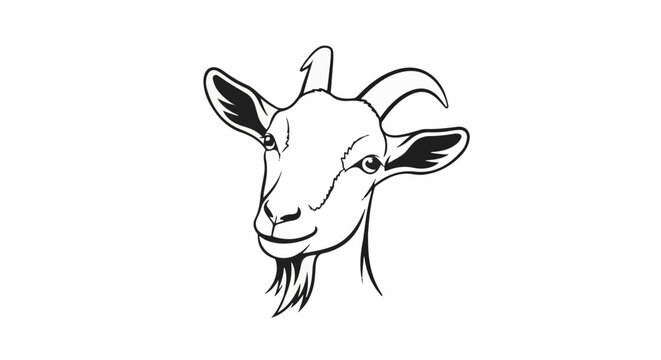 A black and white outline illustration of a goat's head with a beard and horns