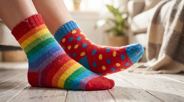 Woman's feet resting on wooden floor wearing vibrant knitted socks. One rainbow striped sock and one red polka dotted sock in cozy home setting with plants