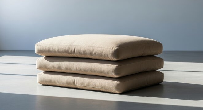 Stacked Natural Hemp Zabuton Cushions in Soft Beige Fabric for Comfortable Floor Seating
