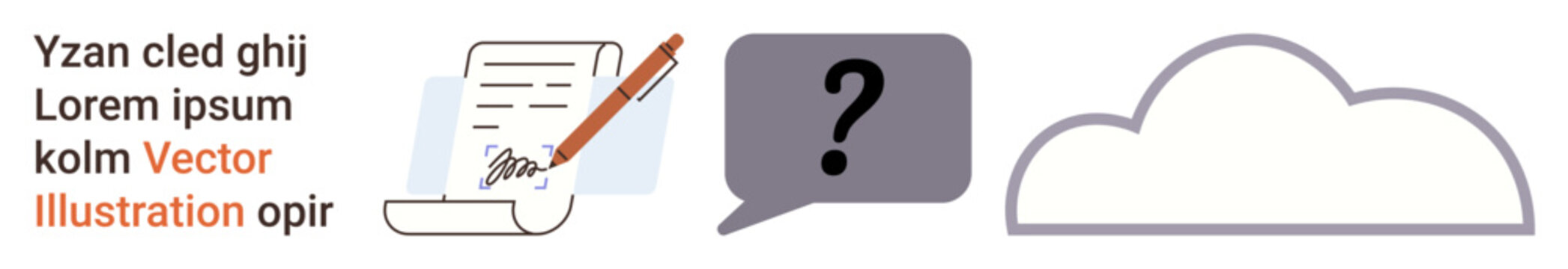 Digital workflow, cloud storage, document verification, data management, online communication, teamwork. Paper with pen, speech bubble with question minimalist cloud shape. Document verification