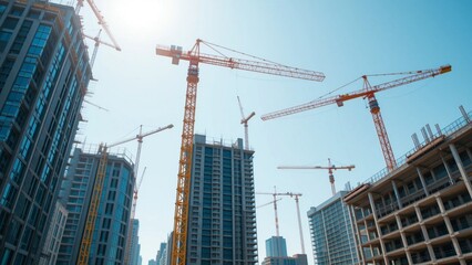 Fototapeta premium Tower Cranes Operating on Modern City Skyscraper Construction Site for Real Estate Development