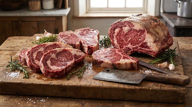 Premium raw beef cuts, including a succulent roast and tender steaks, are expertly arranged on a rustic wooden cutting board alongside fresh garlic cloves and rosemary sprigs, poised for delicious cul