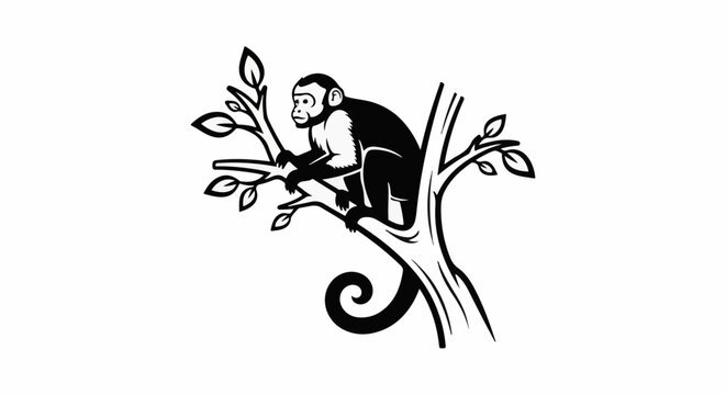 Black and white illustration of a monkey perched on a tree branch