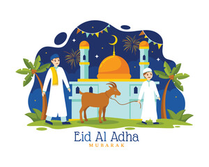 Fototapeta premium Eid Al Adah Mubarak Greeting Card with Mosque, Fireworks, and Qurbani Goat Illustration 