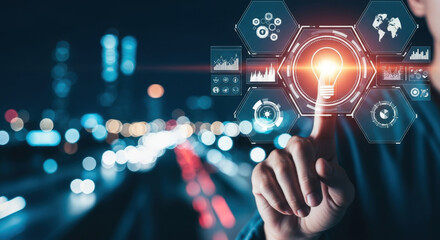 Obraz premium Finger Pointing at Digital Icons Symbolizing Innovation, Technology, Globalization, Connectivity, and Data Analysis Intelligence Interface