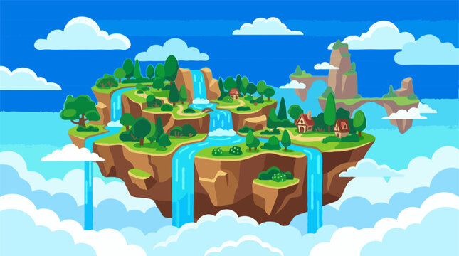 Floating island paradise a whimsical landscape with waterfalls and lush vegetation