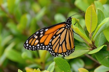 Obraz premium Monarch butterfly waystation milkweed corridor threading suburbia on Earth Day migration, caterpillars munching leaves, tagged adults sipping nectar, interstate pollinator lifeline