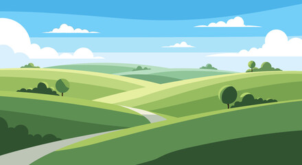 Fototapeta premium Rolling Green Hills Landscape with Winding Path and Blue Sky.