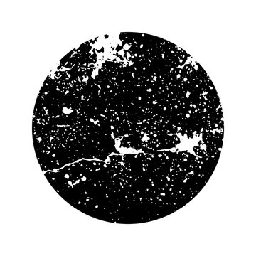 Grunge round shape with stains and scratches. Circle brush stroke, design element. Distressed dirty text frame, border, sticker or label. Paintbrush, ink stains. Vector illustration