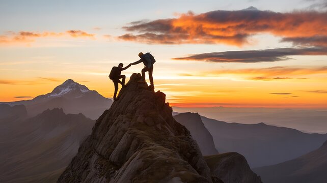 Two hikers helping each other reach the mountain peak at sunset