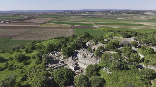 Aerial Drone View of Ancient Troy Archaeological Site in Canakkale Turkey UNESCO World Heritage Site