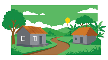 Fototapeta premium Cartoon landscape illustration with houses and path through green grassy field countryside.