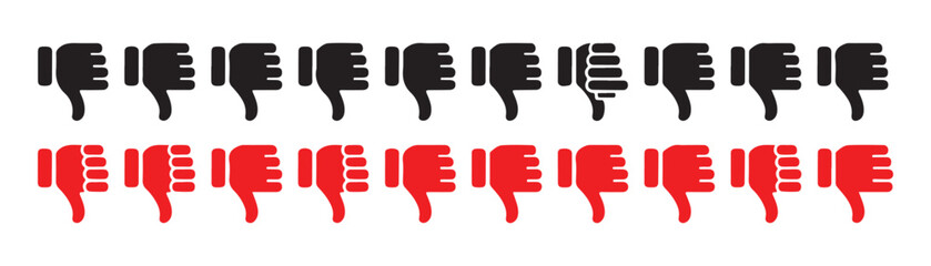 Obraz premium Collection of black and red thumbs down icons indicating disapproval or dislike on transparent background.
