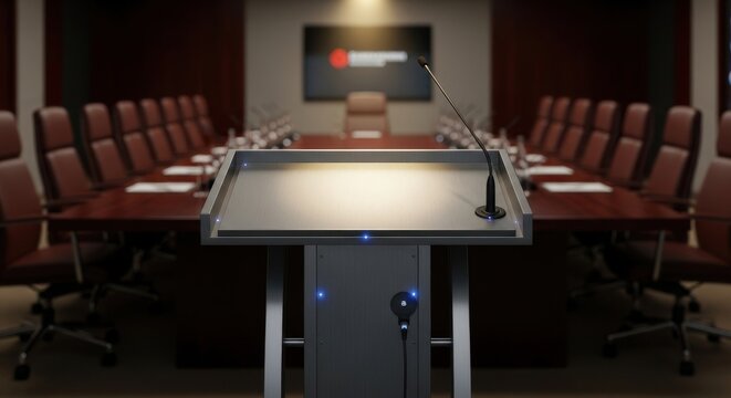 Modern brushed metal podium with integrated microphone in an empty conference room