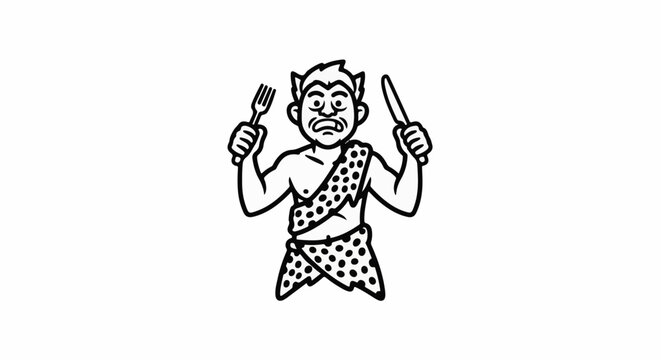 Cartoon caveman with fork and knife, looking hungry