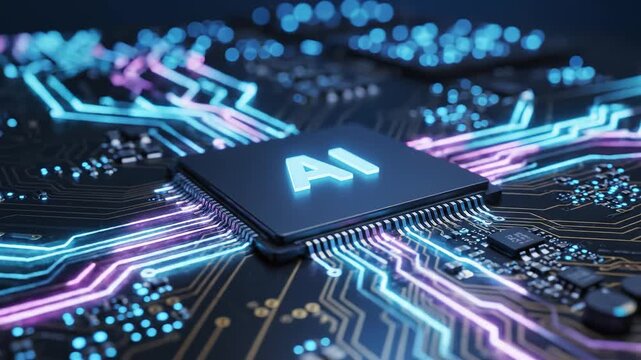 AI chip on circuit board with glowing lines highlighting artificial intelligence and digital evolution