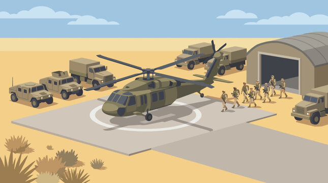 A detailed illustration of a military airbase scene depicting soldiers boarding helicopters and armored vehicles, showcasing operational readiness and teamwork of military forces.