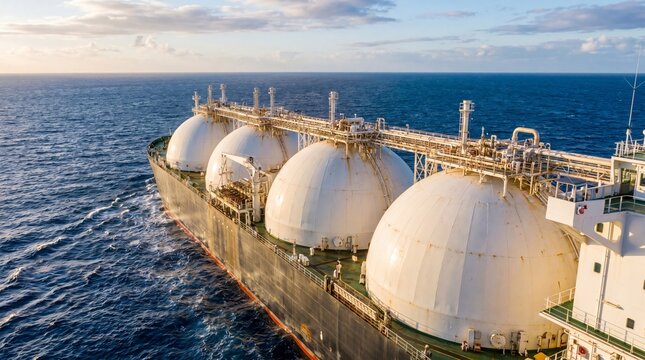 LNG carrier ship with spherical tanks sailing on open ocean at sunset. Maritime liquefied natural gas transportation and global energy supply