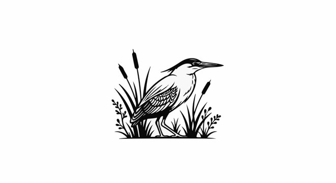 Bird standing in reeds and cattails, black and white illustration