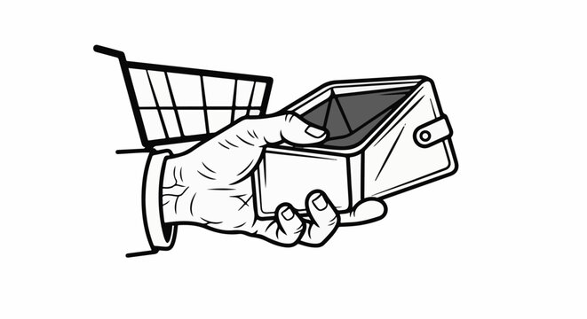 Hand holding empty wallet with shopping cart