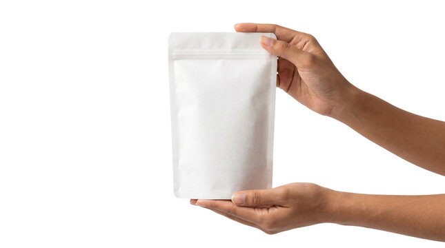 Hand holding white blank pouch isolated on transparent background png