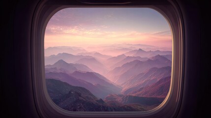 Naklejka premium Aerial view of mountain range through airplane window at sunset