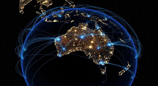 Global Network Connections: Digital Data Streams Connect Australia and New Zealand to the World