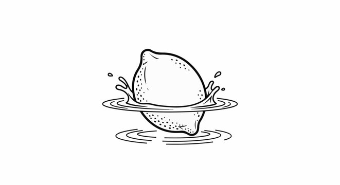 Line art of a lemon splashing into rippling water with droplets