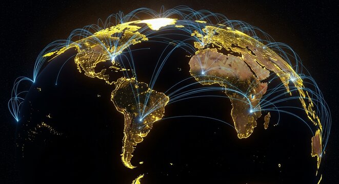 Global network connections visualized with glowing lines of light across continents at night