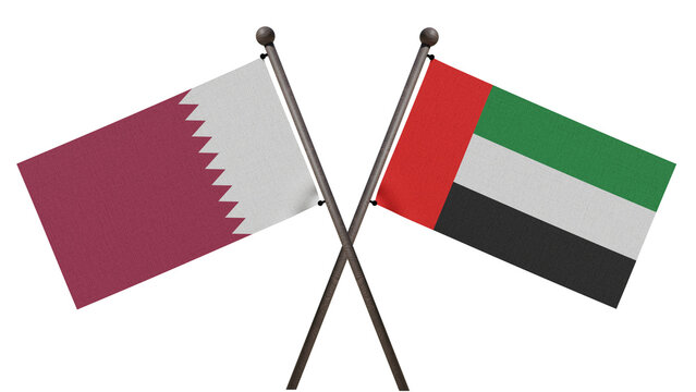 3D render of Qatar and UAE flags crossed on white background, representing Gulf diplomacy and Middle East relations