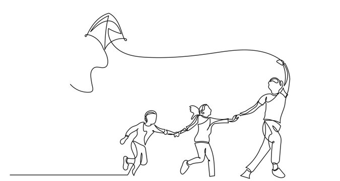 Continuous one line drawing of a young mother beside his childen flying a kite, capturing a warm bonding moment and quality time together,  Fly a Kite Day concept, minimalist line art illustration.