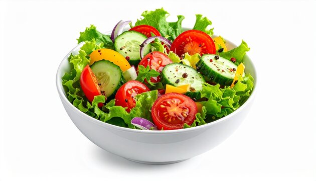 Fresh vegetable salad bowl with vibrant ingredients, isolated on pure white background, realistic food photography