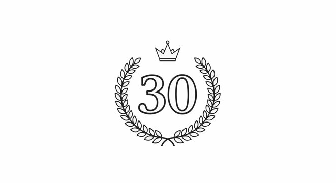 Simple outline of a crown above the number thirty surrounded by a laurel wreath