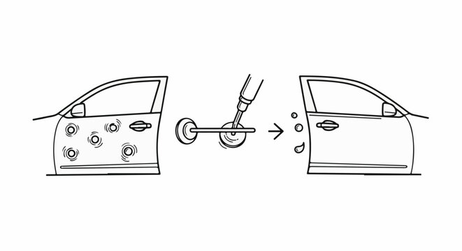 Car door dent repair using suction cups and hot glue